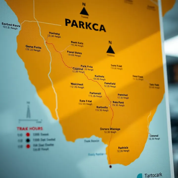 Map of South African Parks with Fresh Produce Trading Hours Map showing various parks in South Africa with designated trading hours for fresh produce access