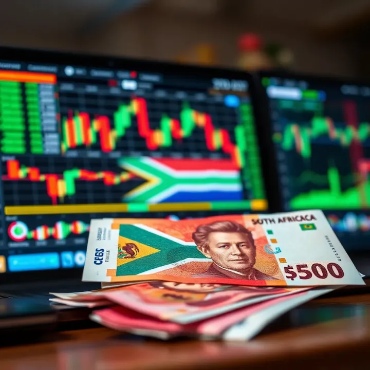 Illustration of South African currency notes alongside a computer displaying forex market data