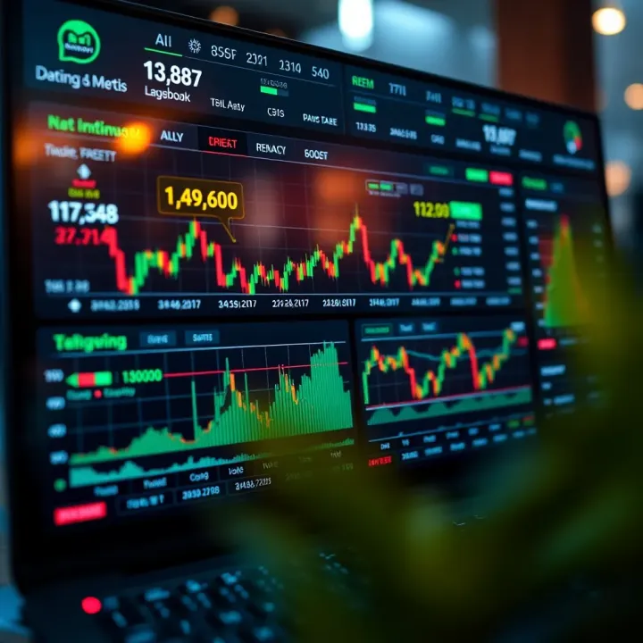 Graphical interface showing trading performance metrics with charts and indicators in a digital platform