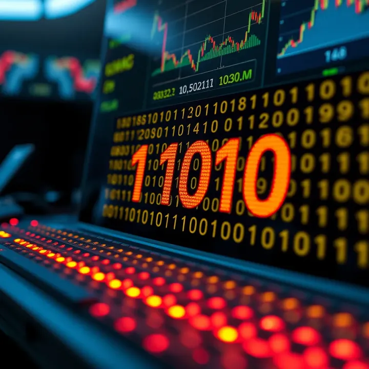Visual representation of binary code application in modern computing devices and technology systems