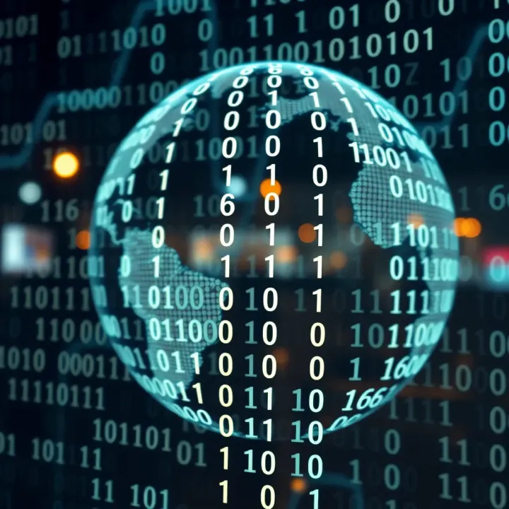 Conceptual graphic showing binary code integrated with digital technology in a global context