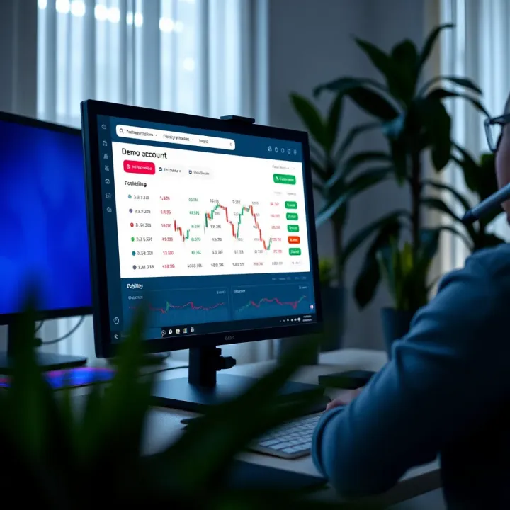 Demo Account Dashboard with Virtual Trading Features Illustration of a computer screen displaying a demo account dashboard with virtual trading options