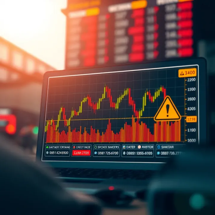 Illustration of a deceptive financial scheme with misleading binary options graph and warning icons