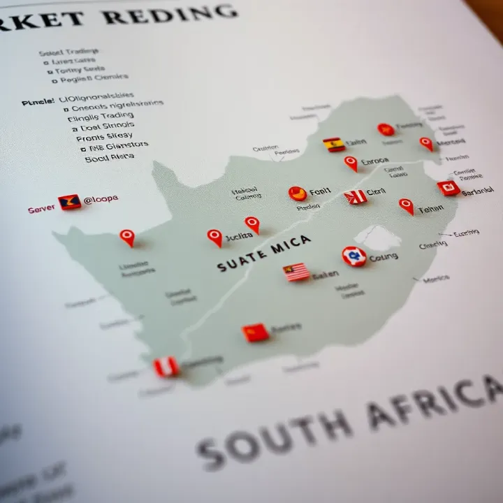 Map of South Africa highlighting key cities with icons representing popular trading platforms and regulatory symbols