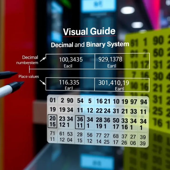 Visual Guide to Decimal and Binary Number Systems Diagram showing conversion of decimal number system to binary number system with place values