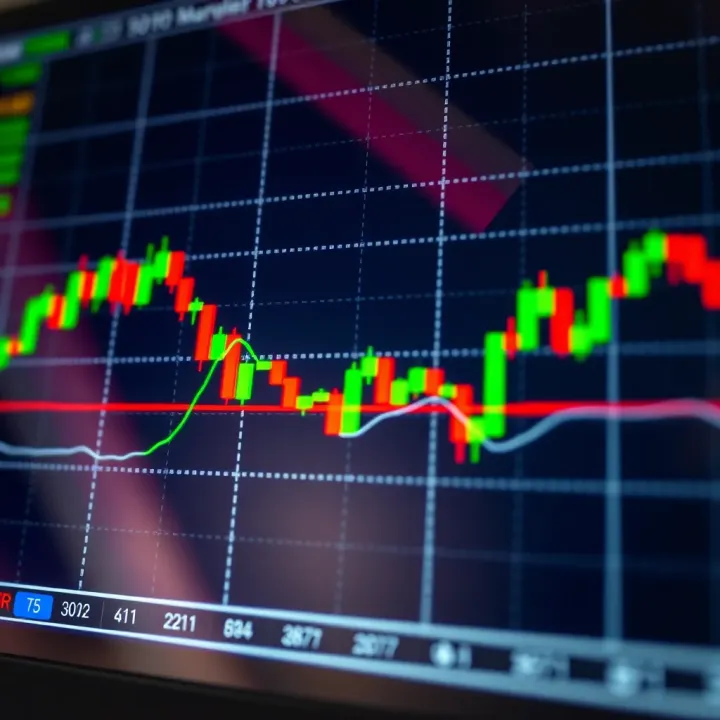 Candlestick chart showcasing forex market fluctuations with color-coded bullish and bearish patterns
