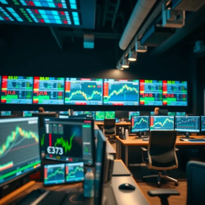 Trading Desk Environment Showcasing Currency Exchange Dynamics Professional setting with trading desks featuring multiple monitors and currency symbols