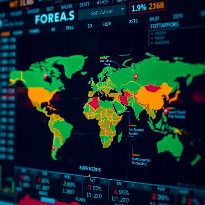 Global forex market with highlighted major financial centers and their trading hours