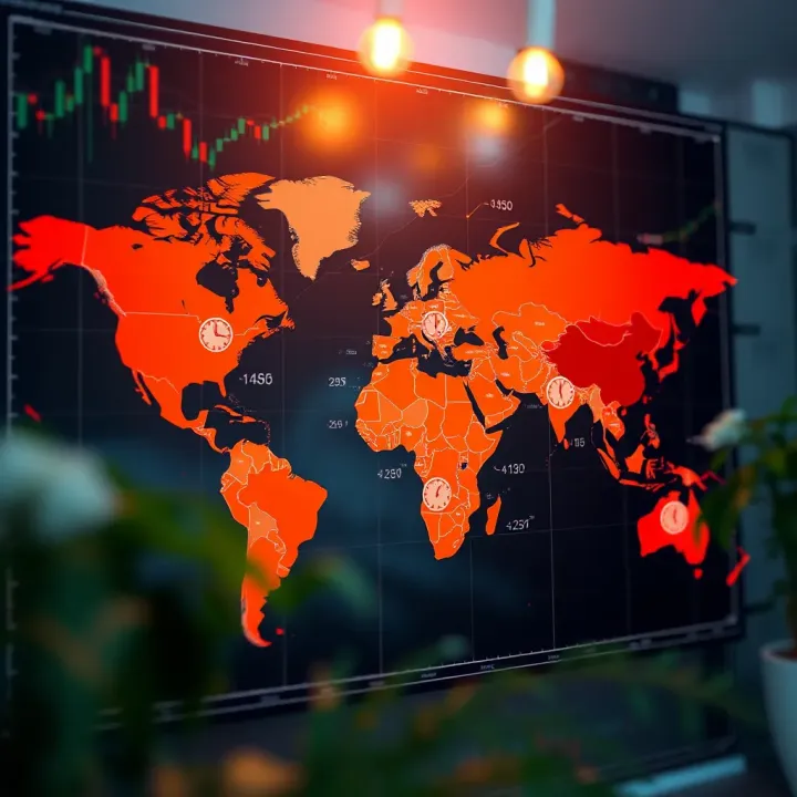 World map highlighting forex trading session time zones with clock icons