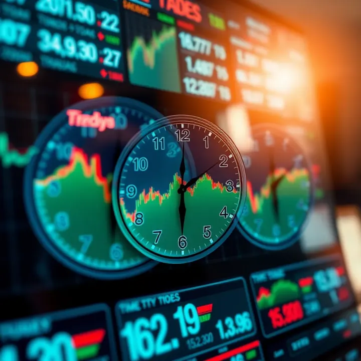 Clock overlays showing overlap periods of key forex markets to indicate peak trading activity