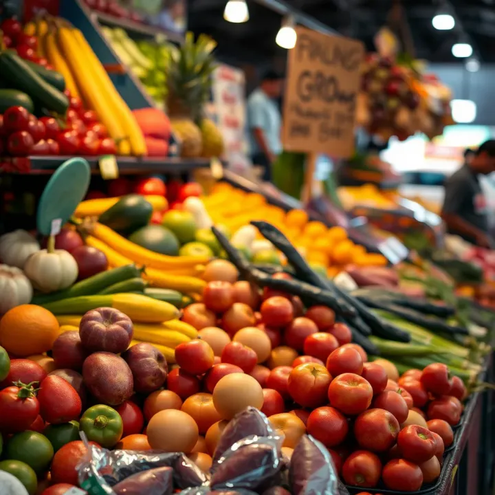 Fresh fruits and vegetables displayed at a bustling market stall in Tokai