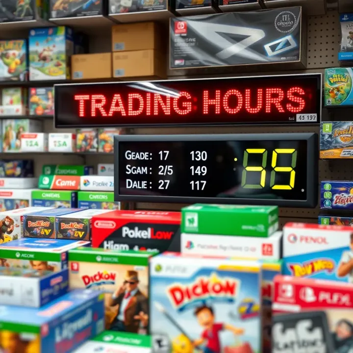 A digital clock displaying trading hours alongside a variety of board games and video game boxes inside a retail store