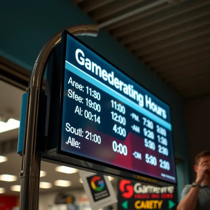 Game Store Operating Hours Signage Close-up of a store sign displaying operating hours, highlighting daily opening and closing times