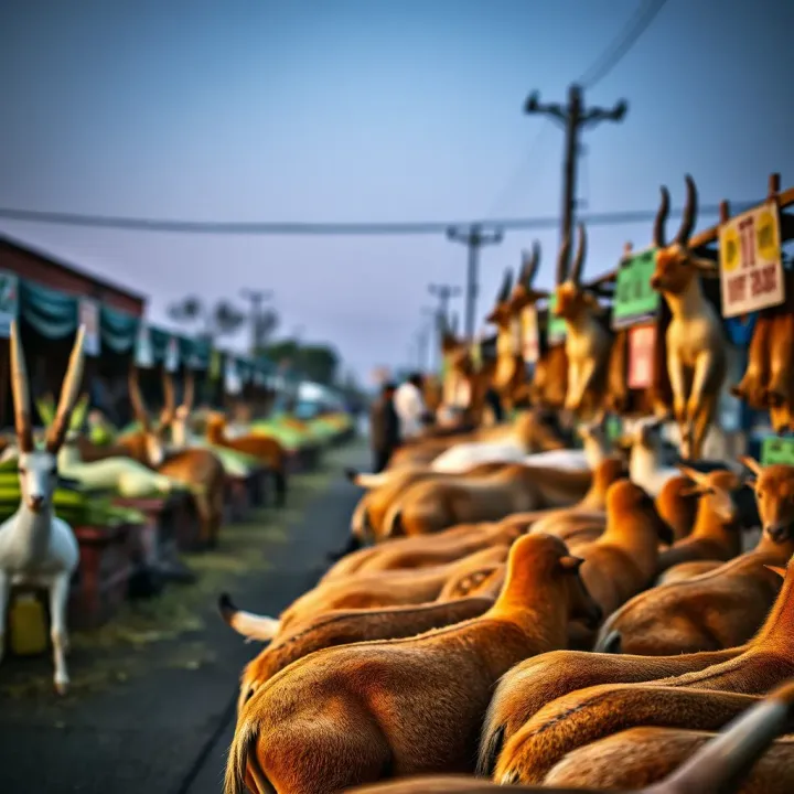 Marketplace scene showing various game animals displayed for sale in an outdoor setting in Bloemfontein