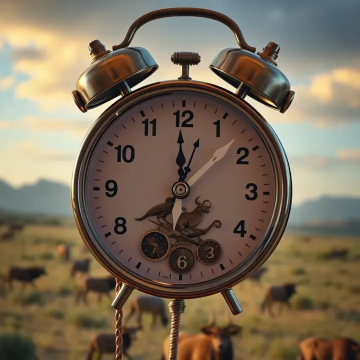 Typical Game Trading Hours in Bloemfontein Clock depicting typical trading hours with a background of a game farm landscape in Bloemfontein