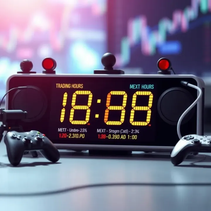 Digital clock displaying trading hours with gaming icons around it
