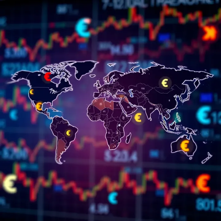 Global foreign exchange market with currency symbols and world map overlay