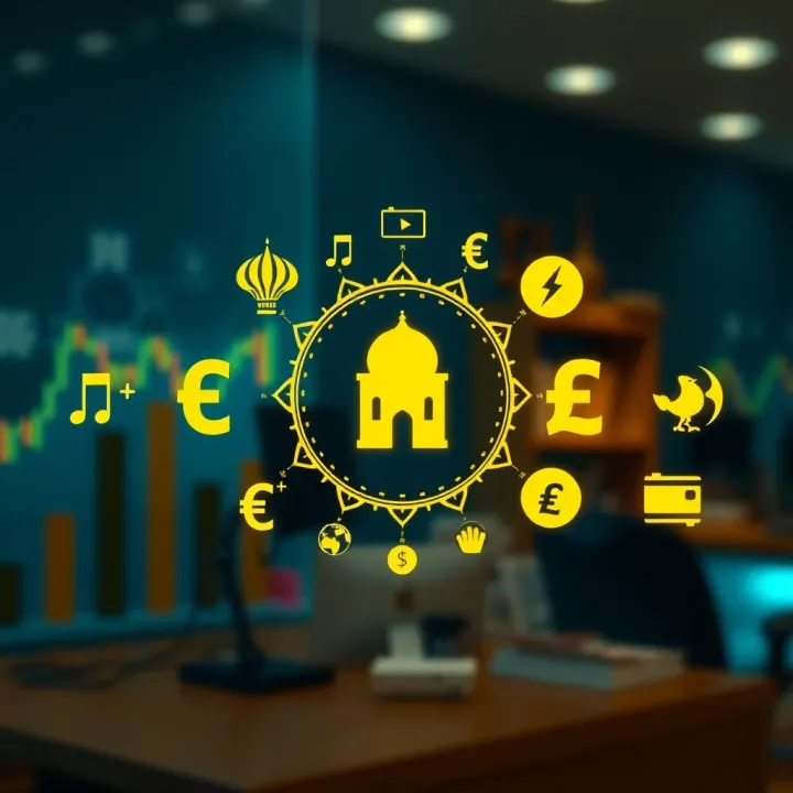 Core Principles of Halal Forex Trading in Islamic Finance Illustration of Islamic finance symbols with currency exchange icons representing halal forex trading principles