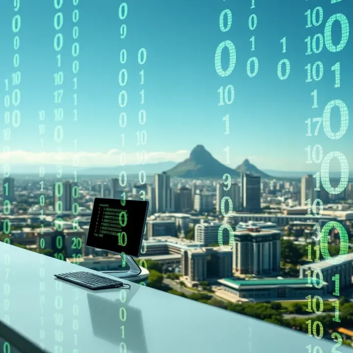 Binary Code Driving Technology Innovation in South Africa Visual representation of modern computing devices linked by binary code over a South African cityscape