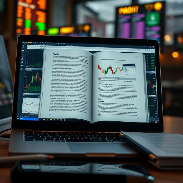 Effective Use of PDF Guides for Forex Trading Education Open PDF guide on laptop screen with forex charts and notes