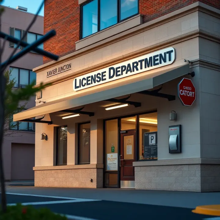 Exterior view of a government office building with clear signage for the License Department