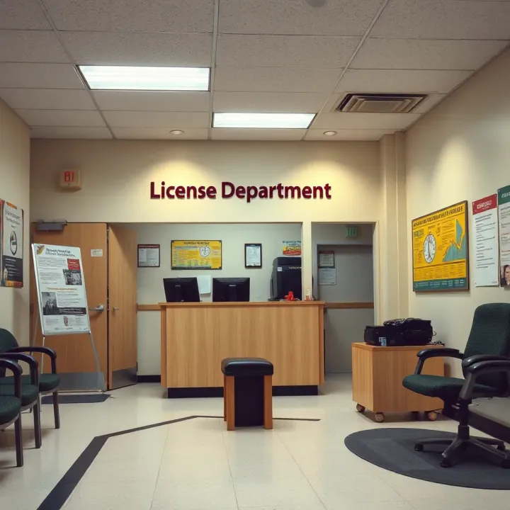 Customer service area inside the License Department with informational posters and seating